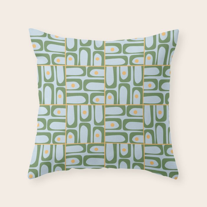 Mid Century Modern Piquet Abstract Multi Pattern Green Light Blue Yellow-Orange Throw Pillow Gallery Image 1