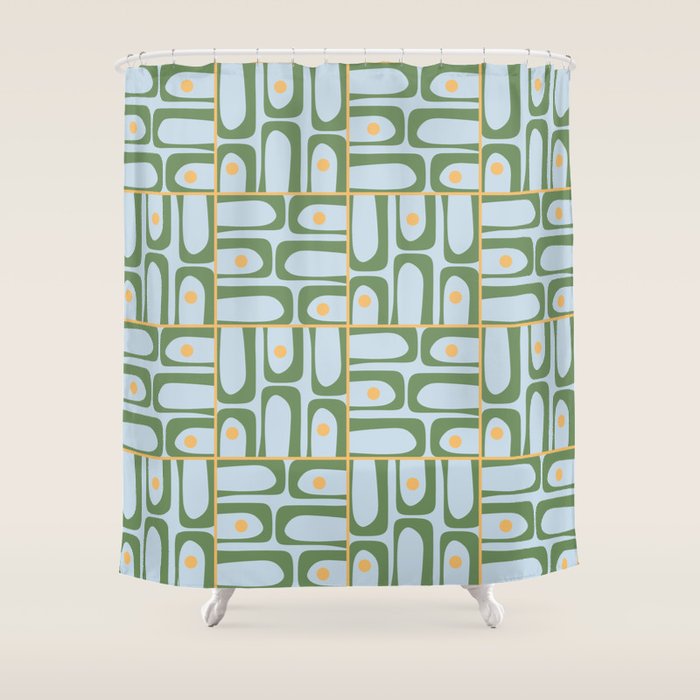 Mid Century Modern Piquet Abstract Multi Pattern Green Light Blue Yellow-Orange Shower Curtain Gallery Image 1