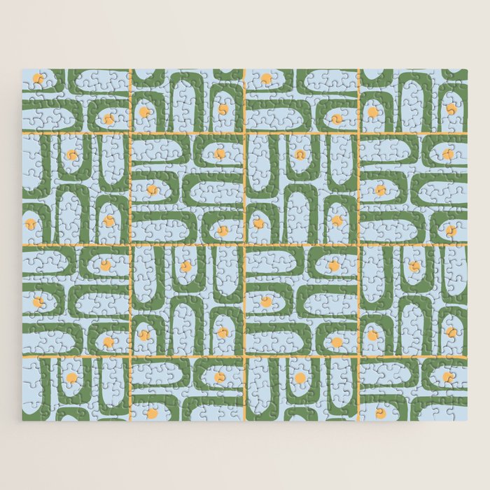 Mid Century Modern Piquet Abstract Multi Pattern Green Light Blue Yellow-Orange Jigsaw Puzzle Gallery Image 1