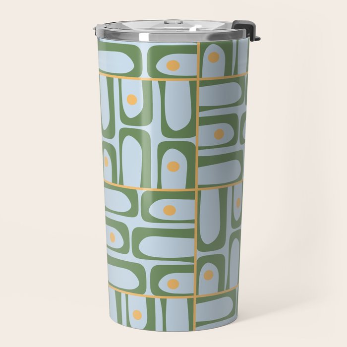 Mid Century Modern Piquet Abstract Multi Pattern Green Light Blue Yellow-Orange Travel Mug Gallery Image 2