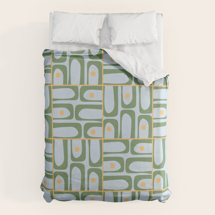 Mid Century Modern Piquet Abstract Multi Pattern Green Light Blue Yellow-Orange Duvet Cover Gallery Image 6