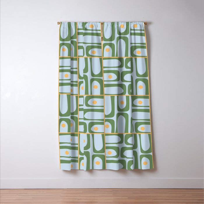 Mid Century Modern Piquet Abstract Multi Pattern Green Light Blue Yellow-Orange Window Curtain Gallery Image 3
