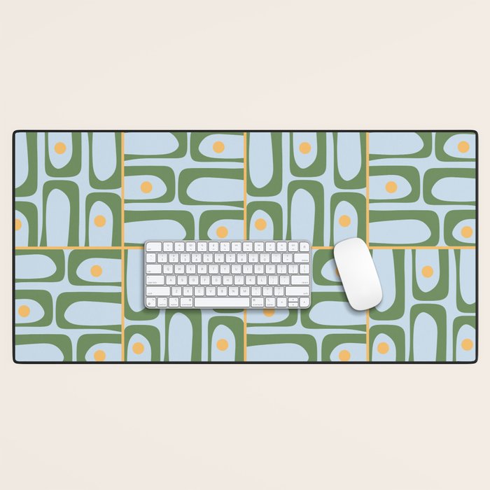 Mid Century Modern Piquet Abstract Multi Pattern Green Light Blue Yellow-Orange Desk Mat Gallery Image 1