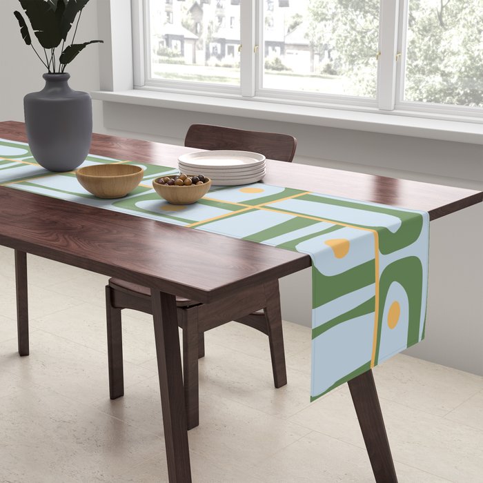 Mid Century Modern Piquet Abstract Multi Pattern Green Light Blue Yellow-Orange Table Runner Gallery Image 2