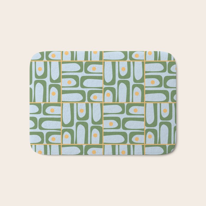 Mid Century Modern Piquet Abstract Multi Pattern Green Light Blue Yellow-Orange Bath Mat Gallery Image 1