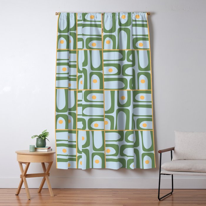 Mid Century Modern Piquet Abstract Multi Pattern Green Light Blue Yellow-Orange Window Curtain Gallery Image 5