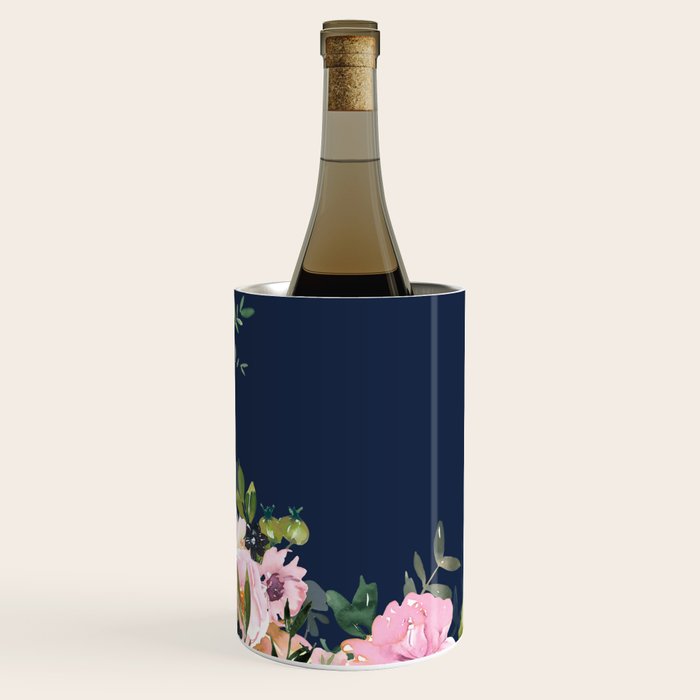 Boho, Floral Watercolor, Roses, Navy Blue and Pink Wine Chiller Gallery Image 3