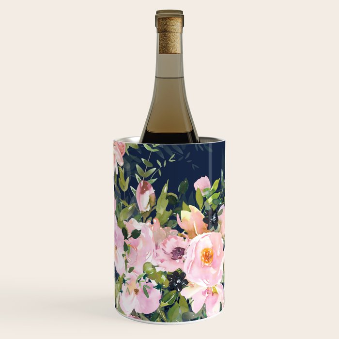 Boho, Floral Watercolor, Roses, Navy Blue and Pink Wine Chiller Gallery Image 2