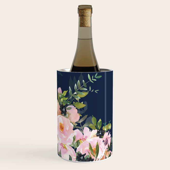 Boho, Floral Watercolor, Roses, Navy Blue and Pink Wine Chiller Gallery Image 1