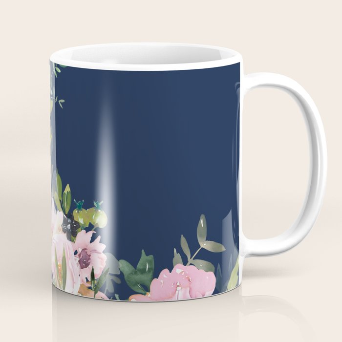 Boho, Floral Watercolor, Roses, Navy Blue and Pink Coffee Mug Gallery Image 1