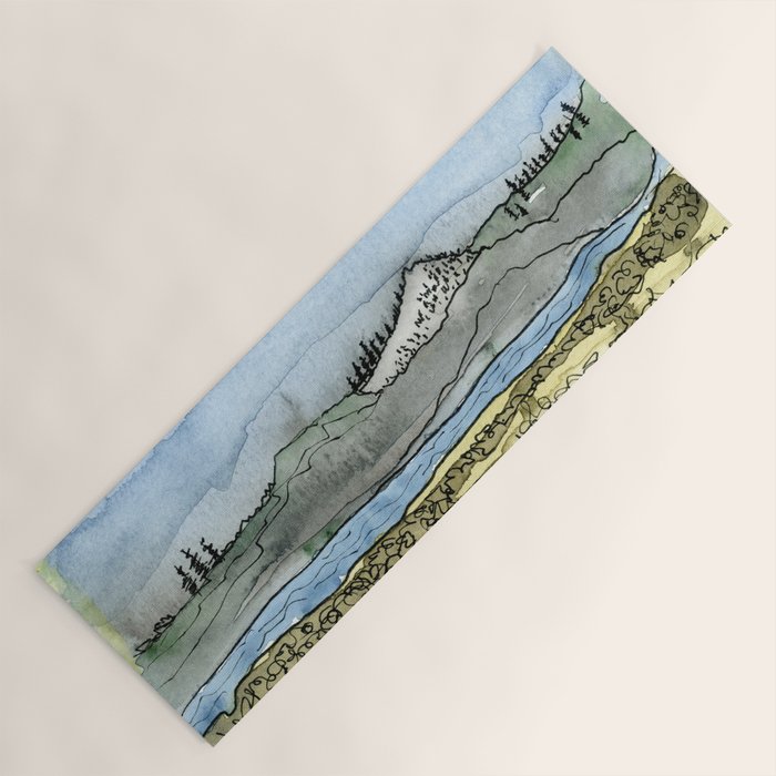 Mountains and River Watercolor Landscape abstract Yoga Mat Gallery Image 1