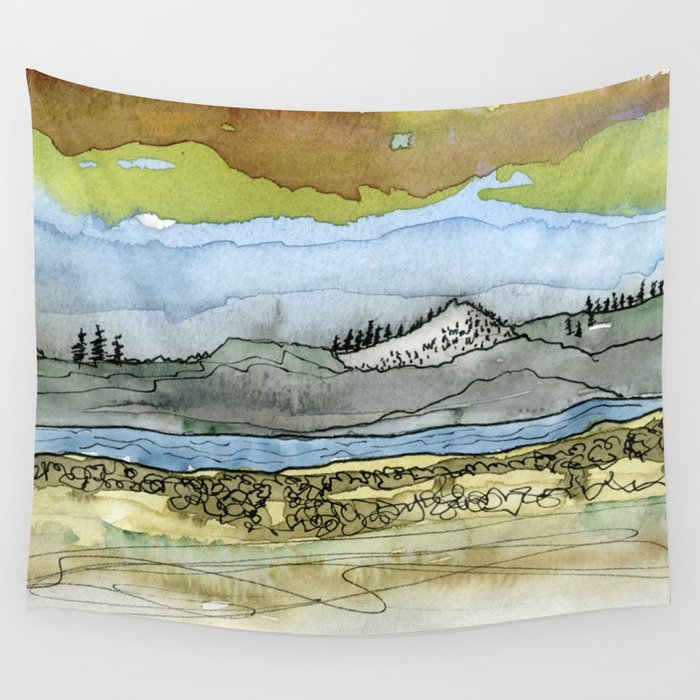 Mountains and River Watercolor Landscape abstract Wall Tapestry Gallery Image 4