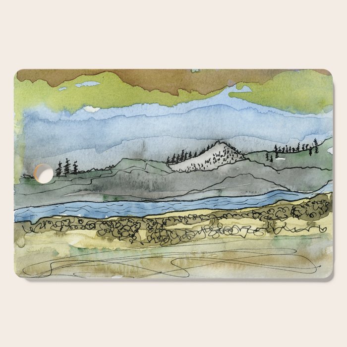 Mountains and River Watercolor Landscape abstract Cutting Board Gallery Image 1