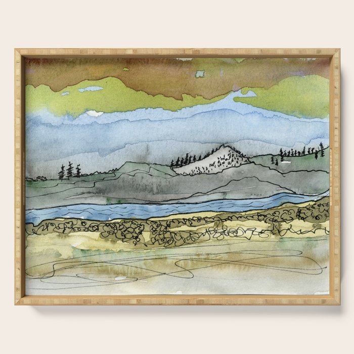 Mountains and River Watercolor Landscape abstract Serving Tray Gallery Image 1
