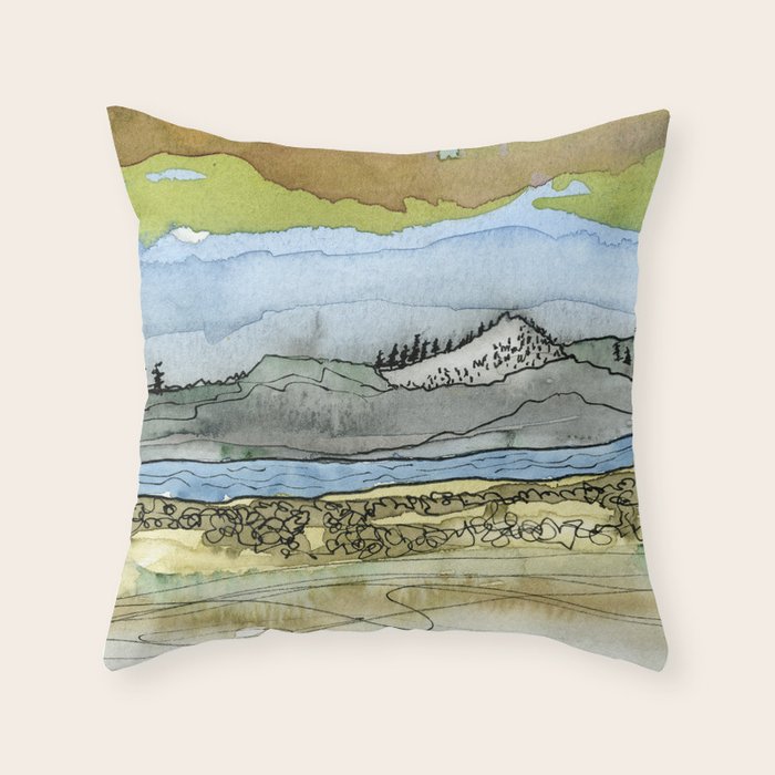 Mountains and River Watercolor Landscape abstract Throw Pillow Gallery Image 1