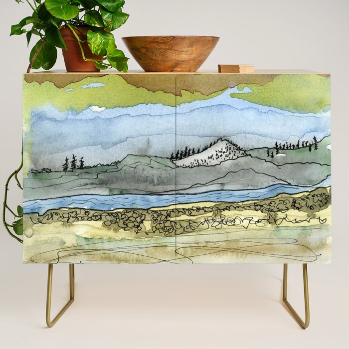 Mountains and River Watercolor Landscape abstract Credenza Gallery Image 1