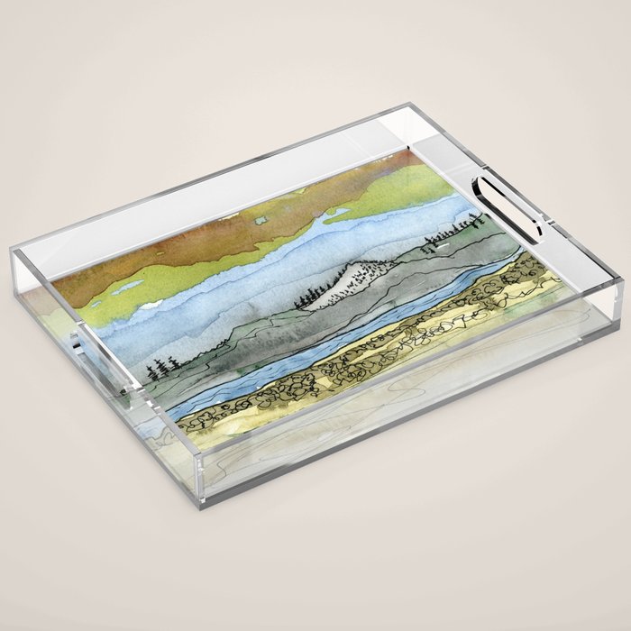 Mountains and River Watercolor Landscape abstract Acrylic Tray Gallery Image 1