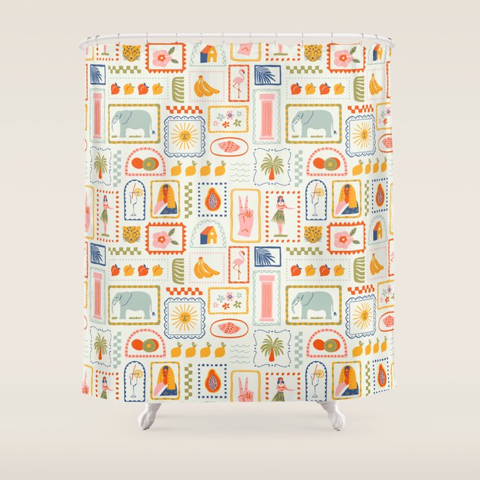 Vintage tropical summer patchwork art pattern Shower Curtain Gallery Image 1