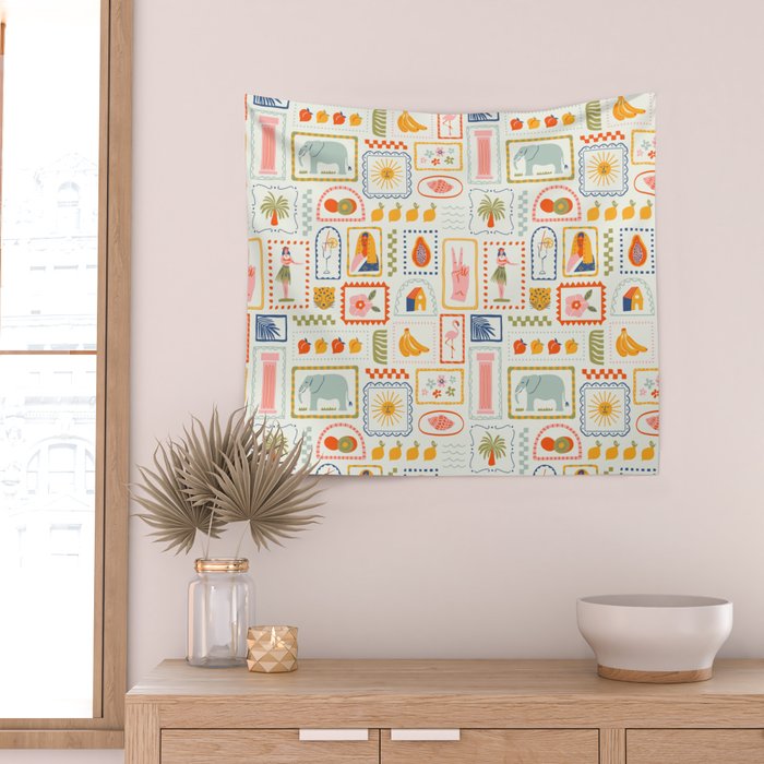 Vintage tropical summer patchwork art pattern Wall Tapestry Gallery Image 2