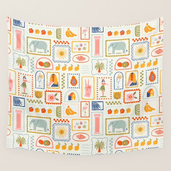 Vintage tropical summer patchwork art pattern Wall Tapestry Gallery Image 1