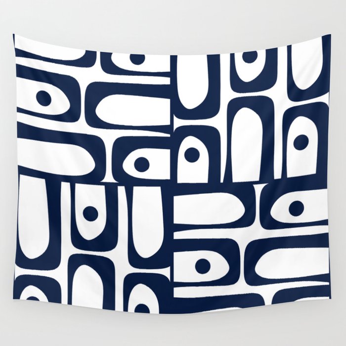 Mid Century Modern Navy Blue and White Abstract Piquet Pattern Wall Tapestry Gallery Image 1
