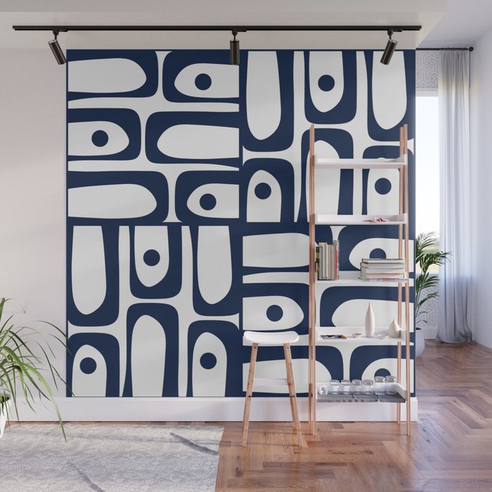 Mid Century Modern Navy Blue and White Abstract Piquet Pattern Wall Mural Gallery Image 1