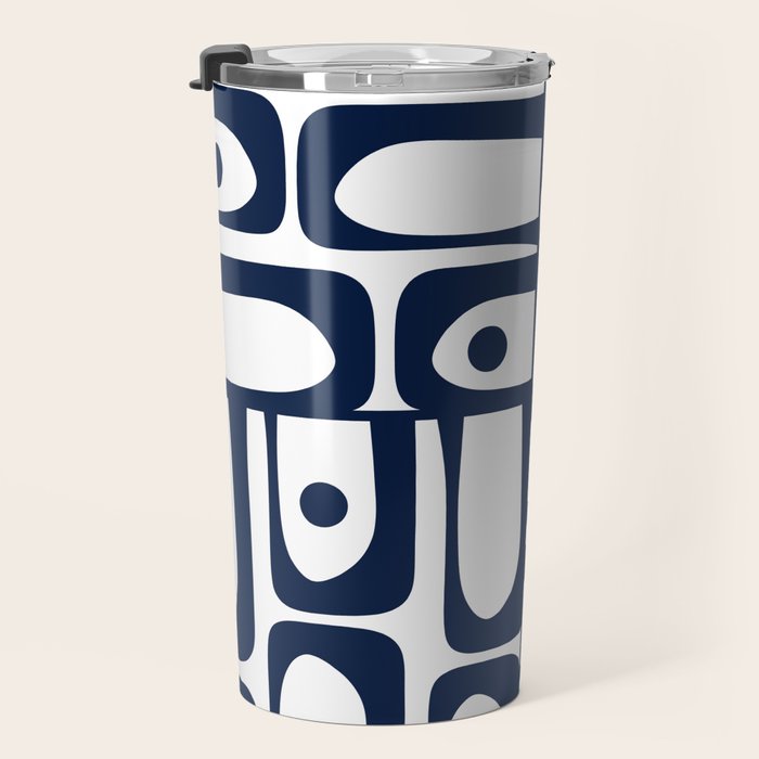 Mid Century Modern Navy Blue and White Abstract Piquet Pattern Travel Mug Gallery Image 3