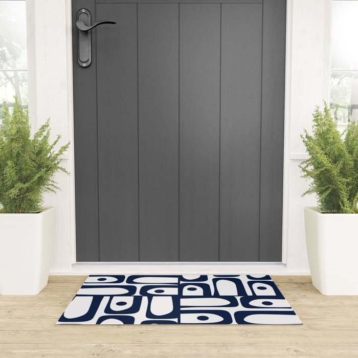 Mid Century Modern Navy Blue and White Abstract Piquet Pattern Welcome Mat Gallery Image 3