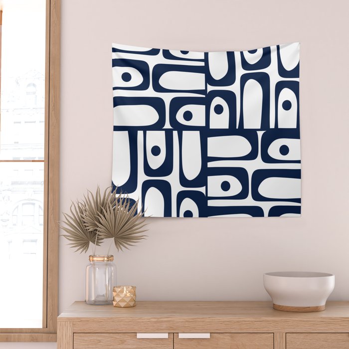 Mid Century Modern Navy Blue and White Abstract Piquet Pattern Wall Tapestry Gallery Image 2