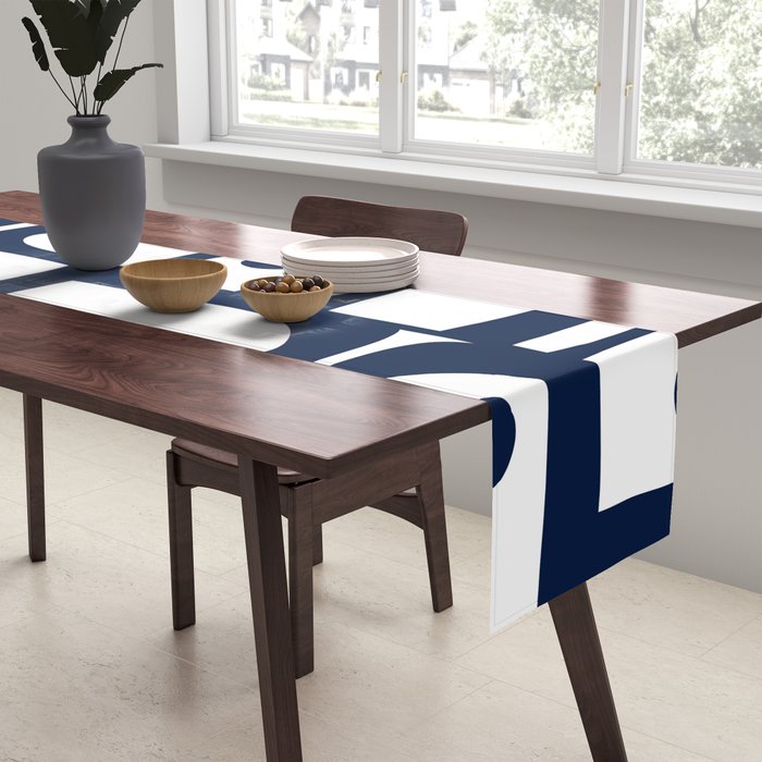Mid Century Modern Navy Blue and White Abstract Piquet Pattern Table Runner Gallery Image 2