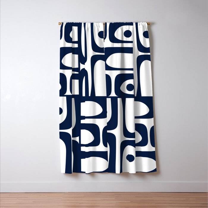 Mid Century Modern Navy Blue and White Abstract Piquet Pattern Window Curtain Gallery Image 3