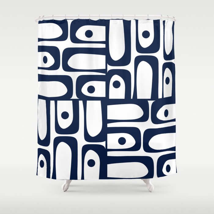 Mid Century Modern Navy Blue and White Abstract Piquet Pattern Shower Curtain Gallery Image 1