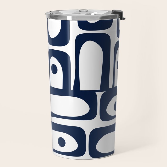 Mid Century Modern Navy Blue and White Abstract Piquet Pattern Travel Mug Gallery Image 2