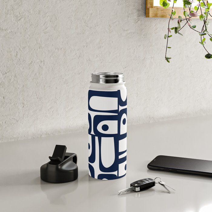 Mid Century Modern Navy Blue and White Abstract Piquet Pattern Water Bottle Gallery Image 4