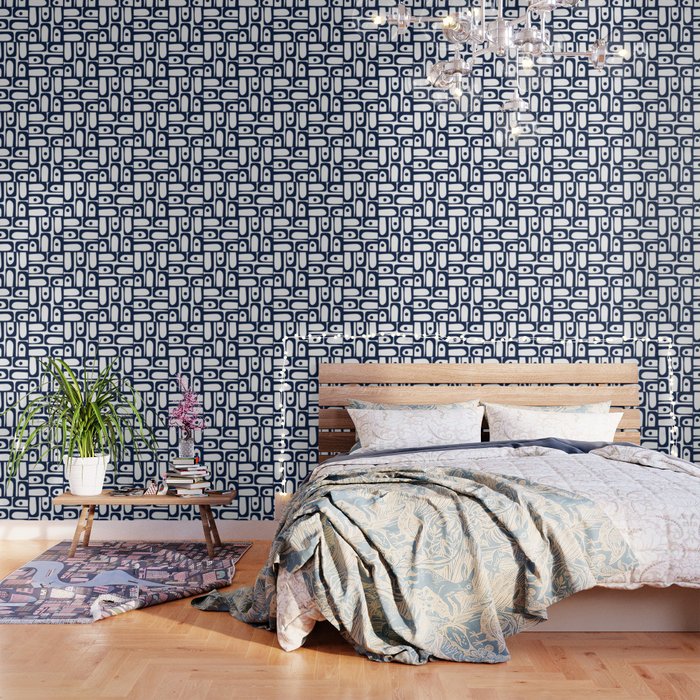 Mid Century Modern Navy Blue and White Abstract Piquet Pattern Wallpaper Gallery Image 3