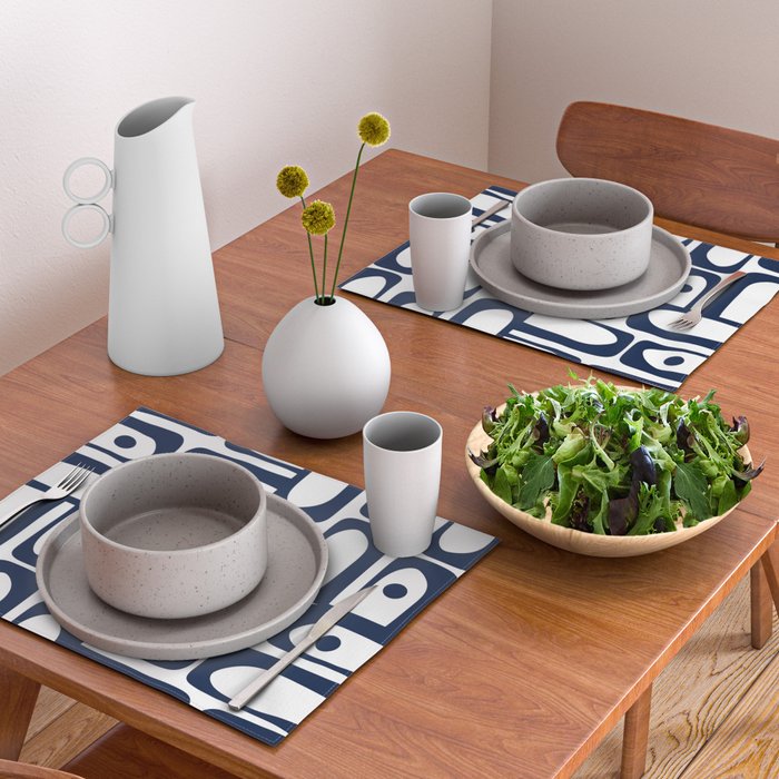 Mid Century Modern Navy Blue and White Abstract Piquet Pattern Placemat Gallery Image 2