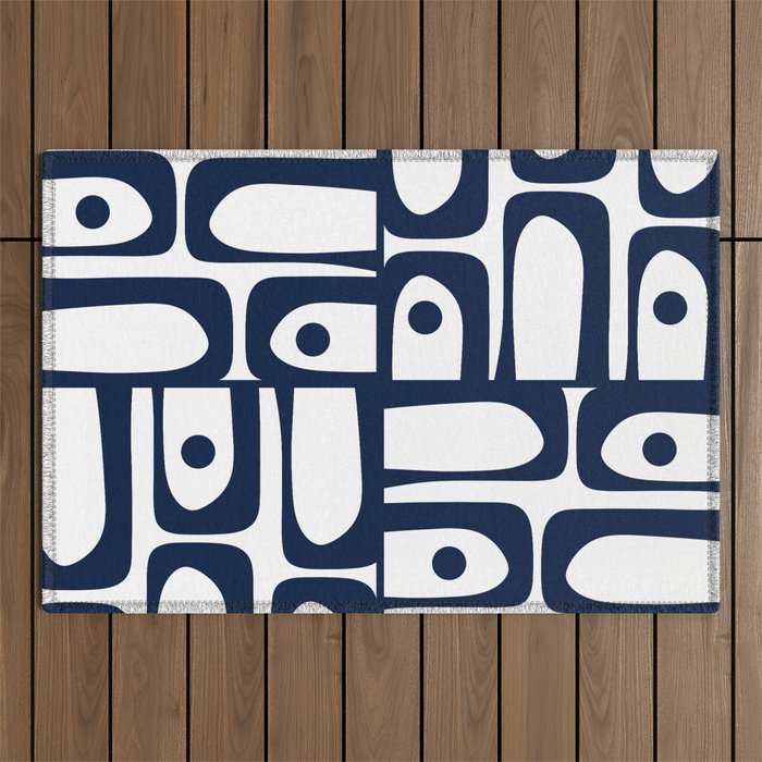 Mid Century Modern Navy Blue and White Abstract Piquet Pattern Outdoor Rug Gallery Image 1