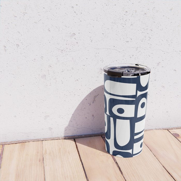 Mid Century Modern Navy Blue and White Abstract Piquet Pattern Travel Mug Gallery Image 4