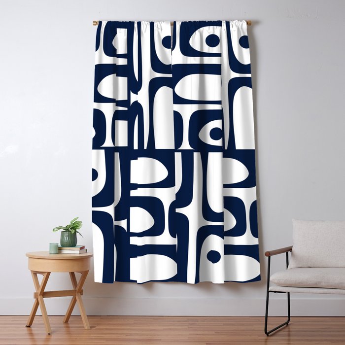 Mid Century Modern Navy Blue and White Abstract Piquet Pattern Window Curtain Gallery Image 5