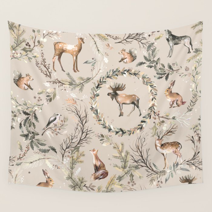 Harvest 2025 Woodland Toile Winter Autumn Animals Forest  Wall Tapestry Gallery Image 4