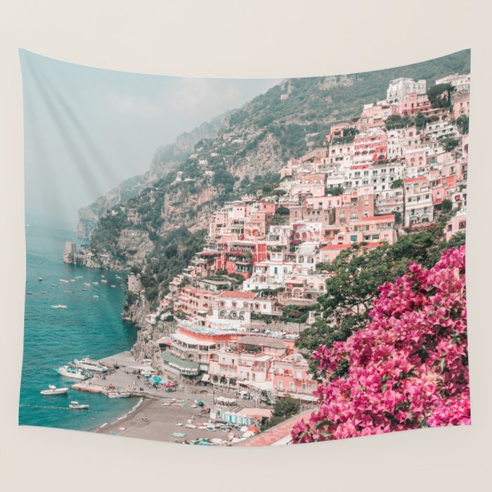 Positano Italy Beach Scenic Pink Flowers Travel Photography Wall Tapestry Gallery Image 4