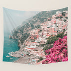 Positano Italy Beach Scenic Pink Flowers Travel Photography Wall Tapestry Gallery Image 4