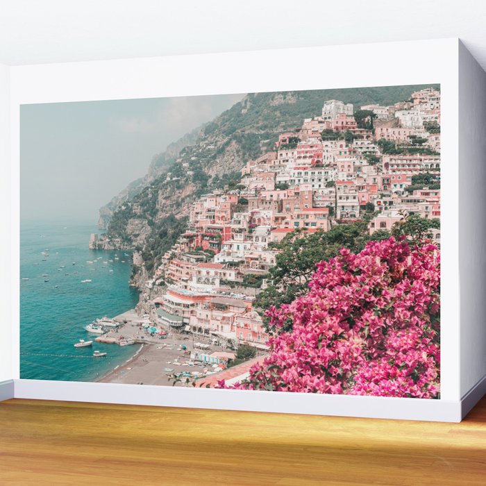 Positano Italy Beach Scenic Pink Flowers Travel Photography Wall Mural Gallery Image 2