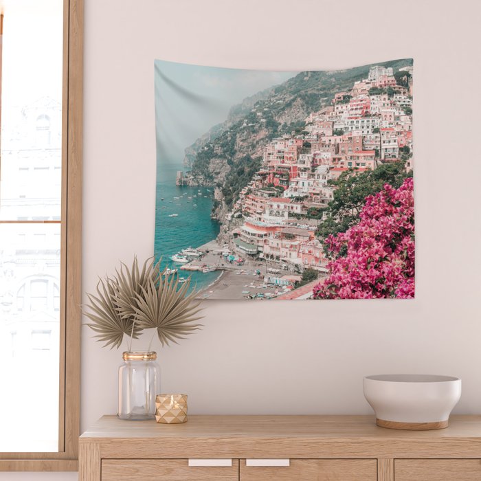 Positano Italy Beach Scenic Pink Flowers Travel Photography Wall Tapestry Gallery Image 2