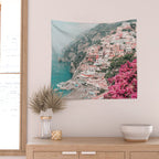 Positano Italy Beach Scenic Pink Flowers Travel Photography Wall Tapestry Gallery Image 2