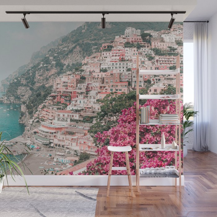 Positano Italy Beach Scenic Pink Flowers Travel Photography Wall Mural Gallery Image 1