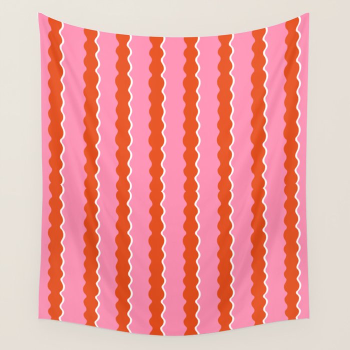 Pink and Orange, Wavy, Squiggle, Scallop, Stripes Wall Tapestry Gallery Image 4