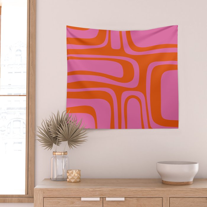 Palm Springs Retro Abstract Pattern in Bright Pink and Orange Red Wall Tapestry Gallery Image 2