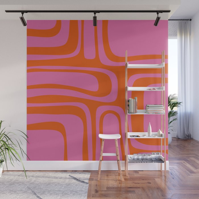 Palm Springs Retro Abstract Pattern in Bright Pink and Orange Red Wall Mural Gallery Image 1