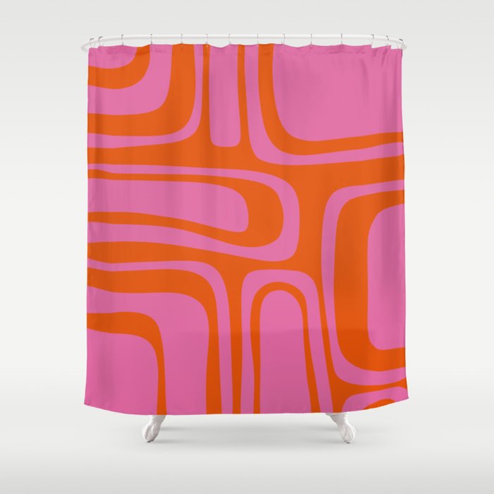 Palm Springs Retro Abstract Pattern in Bright Pink and Orange Red Shower Curtain Gallery Image 1